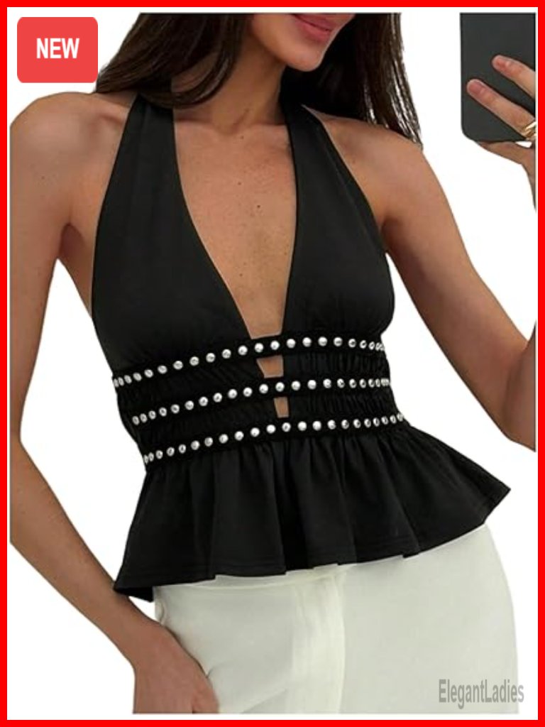 Rivet Backless Halter Top Sleeveless Ruffle Peplum Cowgirl Concert Outfit